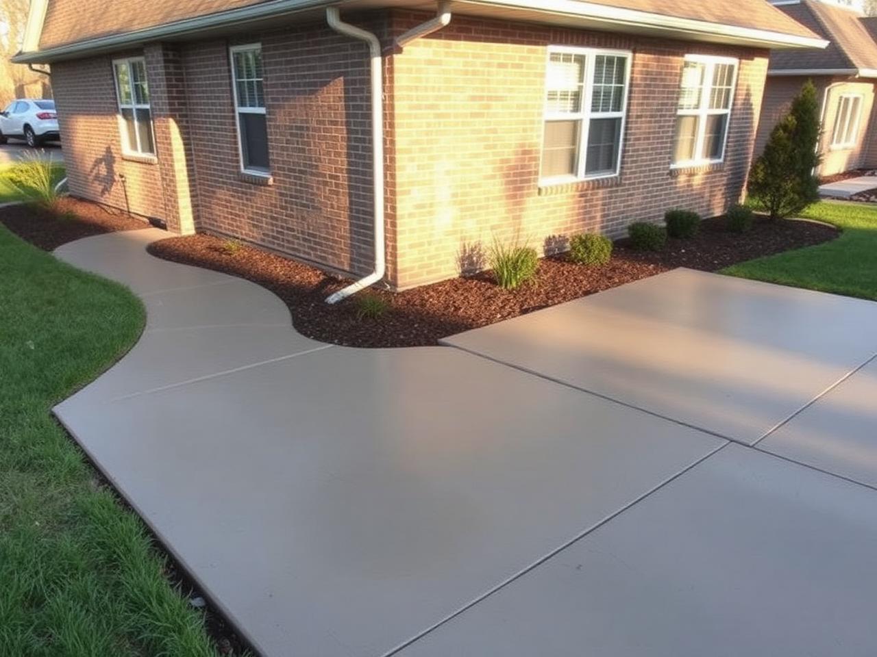 Curved concrete walkway and driveway alongside a brick home